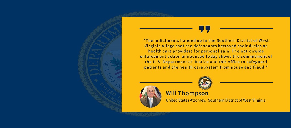 Quote from U.S. Attorney Will Thompson: “The indictments handed up in the Southern District of West Virginia allege that the defendants betrayed their duties as health care providers for personal gain. The nationwide enforcement action announced today shows the commitment of the U.S. Department of Justice and this office to safeguard patients and the health care system from abuse and fraud.”
